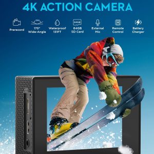 Action Camera 4K30fps with 64G SD Card,HD Waterproof Camera 131ft Underwater Cameras 20MP Pre-recording WiFi Camera 170° Remote Control Sports Cameras with 2 Batteries Helmet Mount Accessories Kits