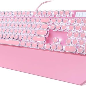 Camiysn Typewriter Style Mechanical Gaming Keyboard, Pink Retro Punk Gaming Keyboard with White Backlit, 104 Keys Blue Switch Wired Cute Keyboard, Round Keycaps for Windows/Mac/PC