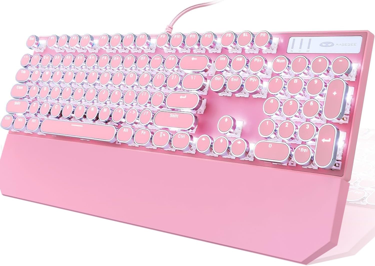 Camiysn Typewriter Style Mechanical Gaming Keyboard, Pink Retro Punk Gaming Keyboard with White Backlit, 104 Keys Blue Switch Wired Cute Keyboard, Round Keycaps for Windows/Mac/PC