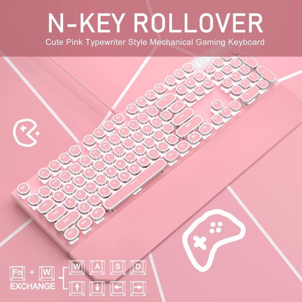 Camiysn Typewriter Style Mechanical Gaming Keyboard, Pink Retro Punk Gaming Keyboard with White Backlit, 104 Keys Blue Switch Wired Cute Keyboard, Round Keycaps for Windows/Mac/PC - Image 2