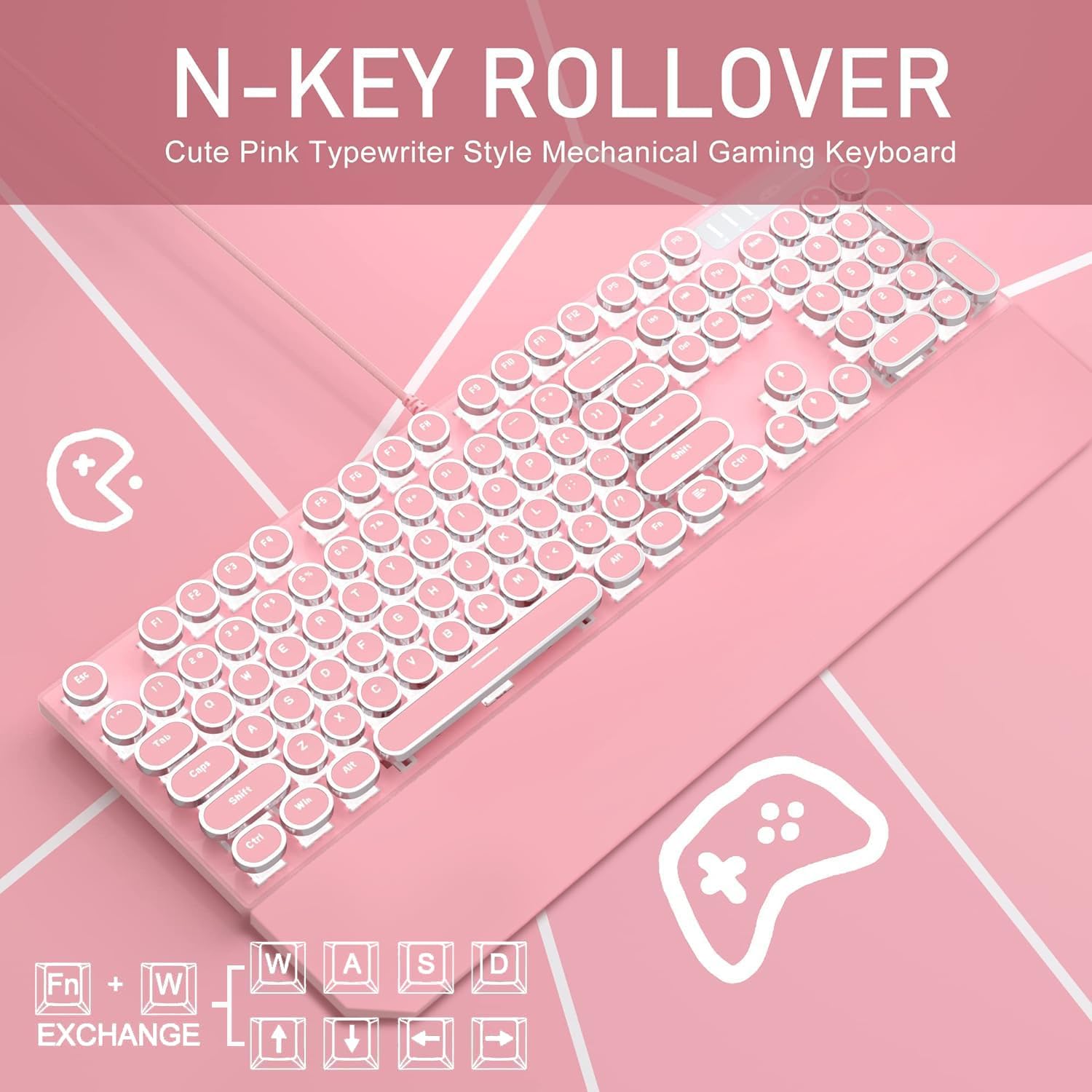 Camiysn Typewriter Style Mechanical Gaming Keyboard, Pink Retro Punk Gaming Keyboard with White Backlit, 104 Keys Blue Switch Wired Cute Keyboard, Round Keycaps for Windows/Mac/PC
