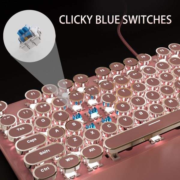 Camiysn Typewriter Style Mechanical Gaming Keyboard, Pink Retro Punk Gaming Keyboard with White Backlit, 104 Keys Blue Switch Wired Cute Keyboard, Round Keycaps for Windows/Mac/PC - Image 3