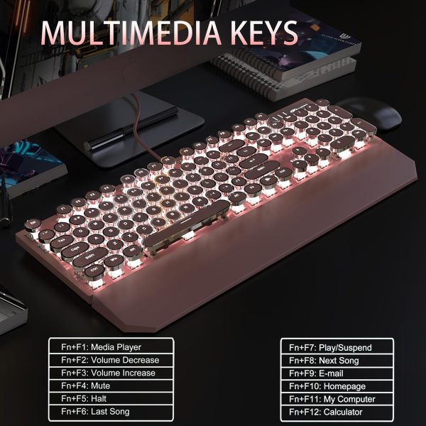 Camiysn Typewriter Style Mechanical Gaming Keyboard, Pink Retro Punk Gaming Keyboard with White Backlit, 104 Keys Blue Switch Wired Cute Keyboard, Round Keycaps for Windows/Mac/PC - Image 5