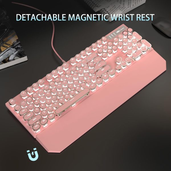 Camiysn Typewriter Style Mechanical Gaming Keyboard, Pink Retro Punk Gaming Keyboard with White Backlit, 104 Keys Blue Switch Wired Cute Keyboard, Round Keycaps for Windows/Mac/PC - Image 6