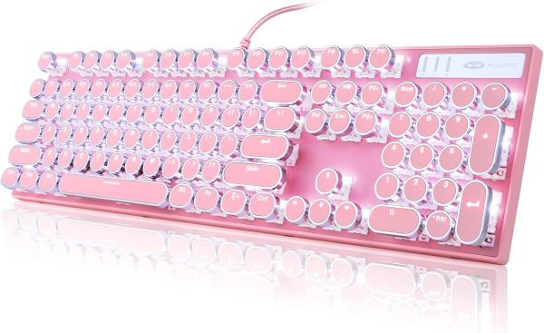 Camiysn Typewriter Style Mechanical Gaming Keyboard, Pink Retro Punk Gaming Keyboard with White Backlit, 104 Keys Blue Switch Wired Cute Keyboard, Round Keycaps for Windows/Mac/PC - Image 8