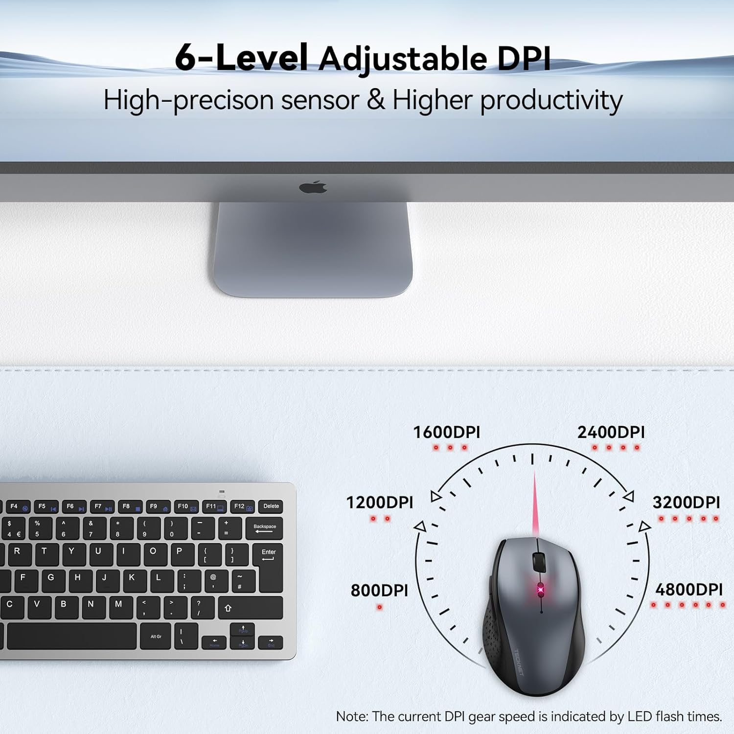 TECKNET Wireless Mouse, 2.4G USB Computer Mouse with 6-Level Adjustable 4800 DPI, Silent Mouse Quiet Click，30 Months Battery, Ergonomic Grips, 6 Buttons Portable for PC, Chromebook, Mac – Grey
