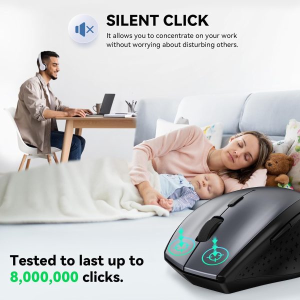 TECKNET Wireless Mouse, 2.4G USB Computer Mouse with 6-Level Adjustable 4800 DPI, Silent Mouse Quiet Click，30 Months Battery, Ergonomic Grips, 6 Buttons Portable for PC, Chromebook, Mac - Grey - Image 3