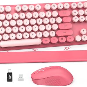 Wireless Keyboard and Mouse Combo – Round Keycaps, Full-Size Retro Typewriter Keyboard with Detachable Wrist Rest, Sleep Mode & Tilt Legs, 2.4GHz Cordless Connection for Mac/Windows/PC (Hot Pink)