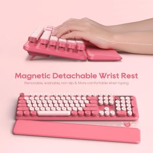 Wireless Keyboard and Mouse Combo – Round Keycaps, Full-Size Retro Typewriter Keyboard with Detachable Wrist Rest, Sleep Mode & Tilt Legs, 2.4GHz Cordless Connection for Mac/Windows/PC (Hot Pink)