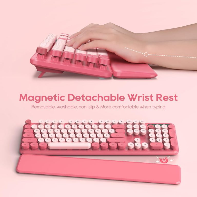 Wireless Keyboard and Mouse Combo – Round Keycaps, Full-Size Retro Typewriter Keyboard with Detachable Wrist Rest, Sleep Mode & Tilt Legs, 2.4GHz Cordless Connection for Mac/Windows/PC (Hot Pink)