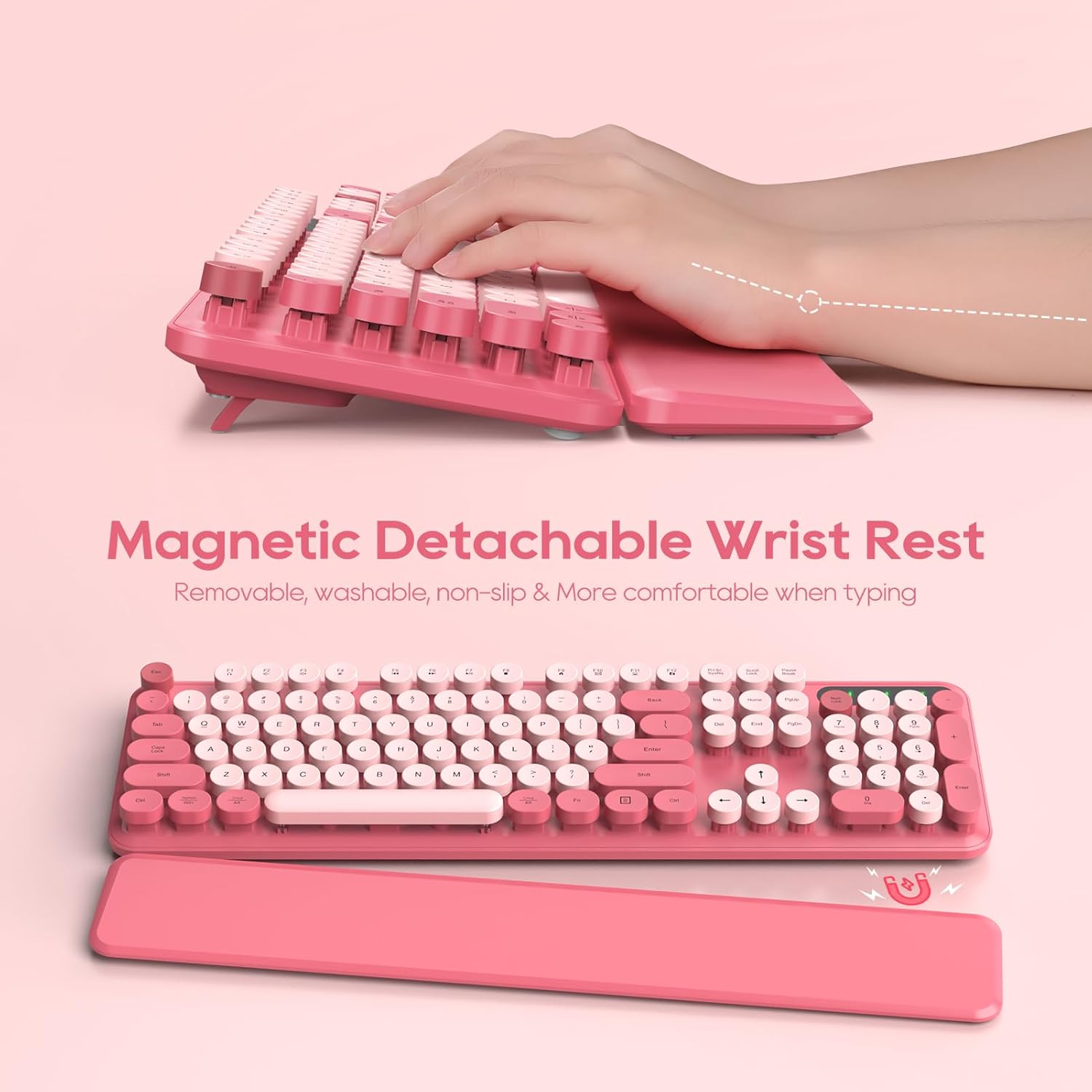 Wireless Keyboard and Mouse Combo – Round Keycaps, Full-Size Retro Typewriter Keyboard with Detachable Wrist Rest, Sleep Mode & Tilt Legs, 2.4GHz Cordless Connection for Mac/Windows/PC (Hot Pink)